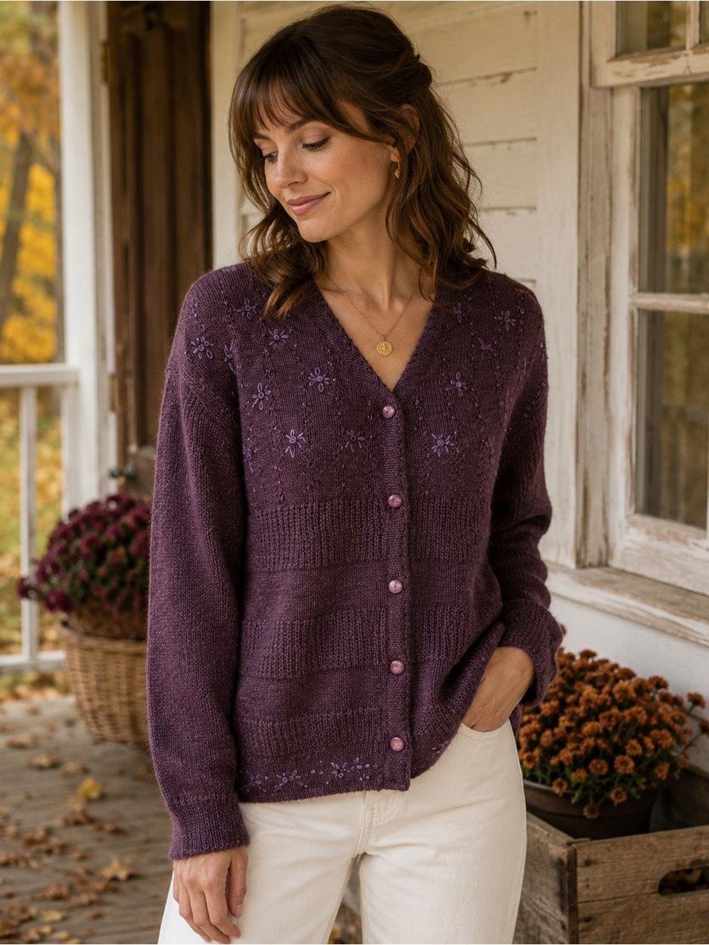 Vintage Wool Cardigan Women’s Medium Purple Embroidered Cottagecore Sweater